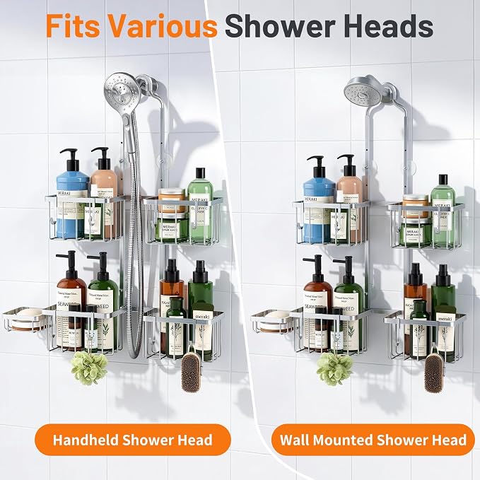 Luxspire Shower Caddy Hanging over Shower Head,Rustproof Adjustable Shower Rack Hanging No Drill,Thickened Stainless Steel Shower Organizer and Storage for Inside Shower with Hook Soap Holder,Silver