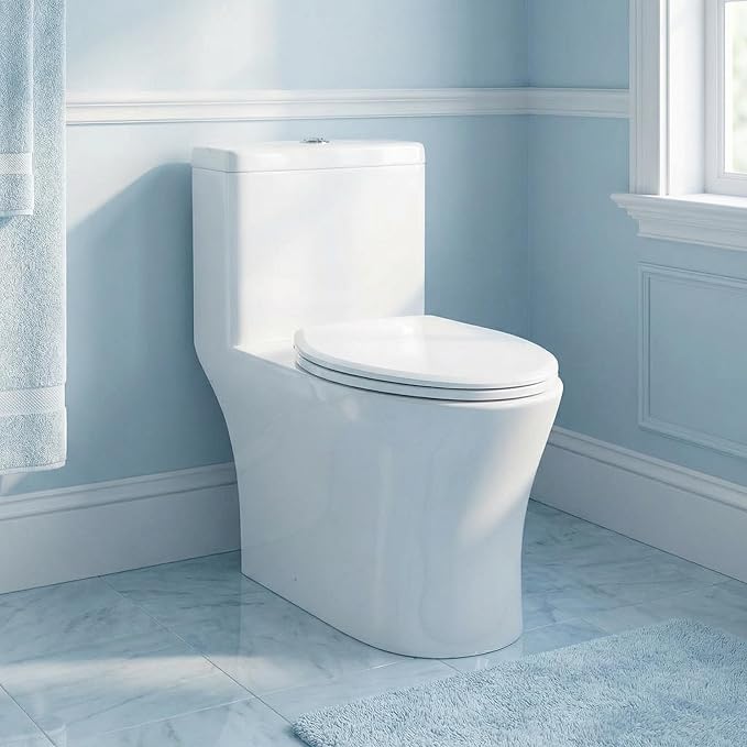 17.5" Elongated One-Piece Toilet with V-Shaped Cover & ADA Height, Soft-Close PP Seat & Easy-Clean Ceramic Surface, Water-Efficient Flush & Compact Design