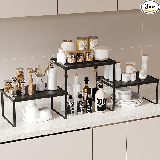 Kitchen Counter Oganizer Stackable Cabinet Organizer Shelf Riser, Spice Rack for Countertop, Pantry Organizers and Storage, Heavy Duty Kitchen Counter Shelves for Seasonings,Bowls (3 Pack, Black)