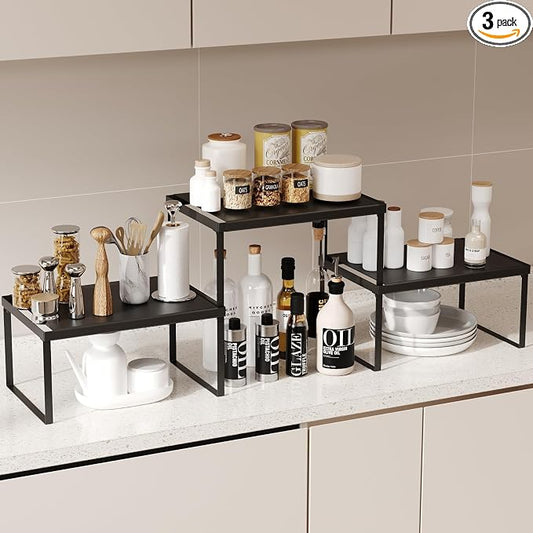 Kitchen Counter Oganizer Stackable Cabinet Organizer Shelf Riser, Spice Rack for Countertop, Pantry Organizers and Storage, Heavy Duty Kitchen Counter Shelves for Seasonings,Bowls (3 Pack, Black)