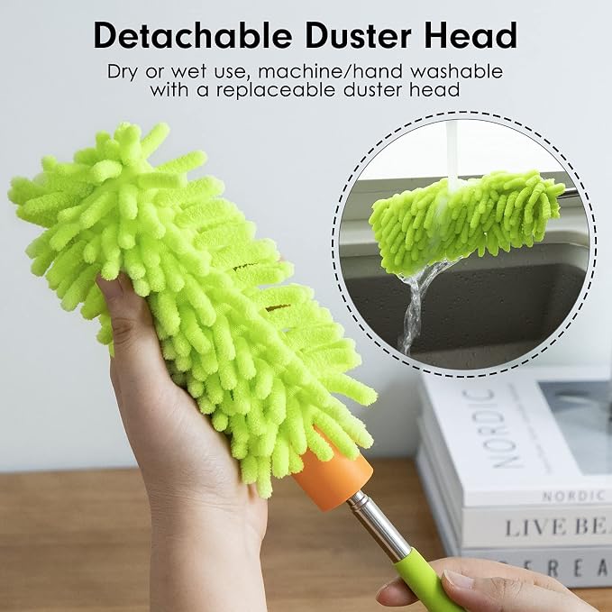 Duster for Cleaning, 10-29" Extension Pole, 2 Washable Heads, Green | Microfiber Heads, Wet Or Dry, Detachable, Hand Washable, Easy Storage, For Cars, Offices, Windows, Furniture And Ceiling Fans