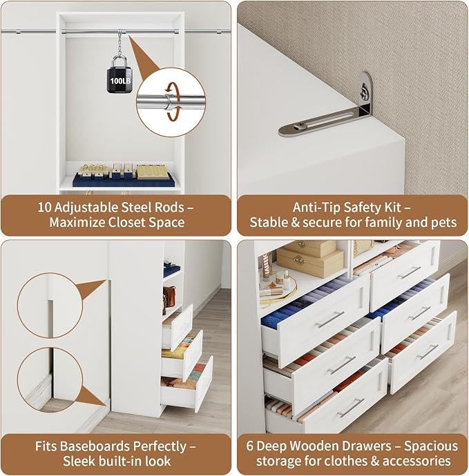 Closet System with 6 Drawers, 4FT-15FT 2-Piece Closet System, Walk in Closet Organizer System, Modular Closet System with 10 Adjustable Hanging Rods & Shelves, Closet Storage System for Bedroom, White