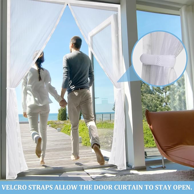 Magnetic Screen Door - Self Sealing, Heavy Duty, Hands Free Mesh Partition Keeps Bugs Out Let Breeze in- Pet and Kid Friendly - Keep Open Feature (White, Fit Door Size 36 x 80 Inch)