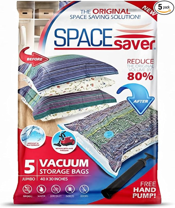 Spacesaver Jumbo Vacuum Storage Bags for Comforters, Blankets & Clothes – Vacuum Sealed Compression Bag with Hand Pump – Space Saver Storage Bag for Bedding, Moving, Travel & Organization (5 Pack)
