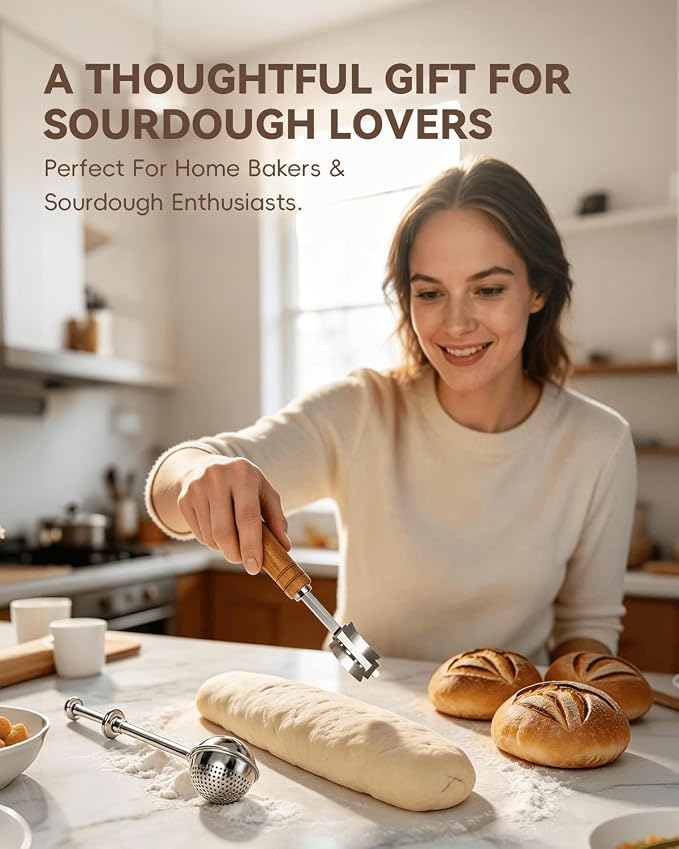 Bread Lame and Flour Duster Set, 304 Stainless Steel Bread Scoring Knife | 5 Razor Blades & Leather Cover, Professional Sourdough Baking Supplies