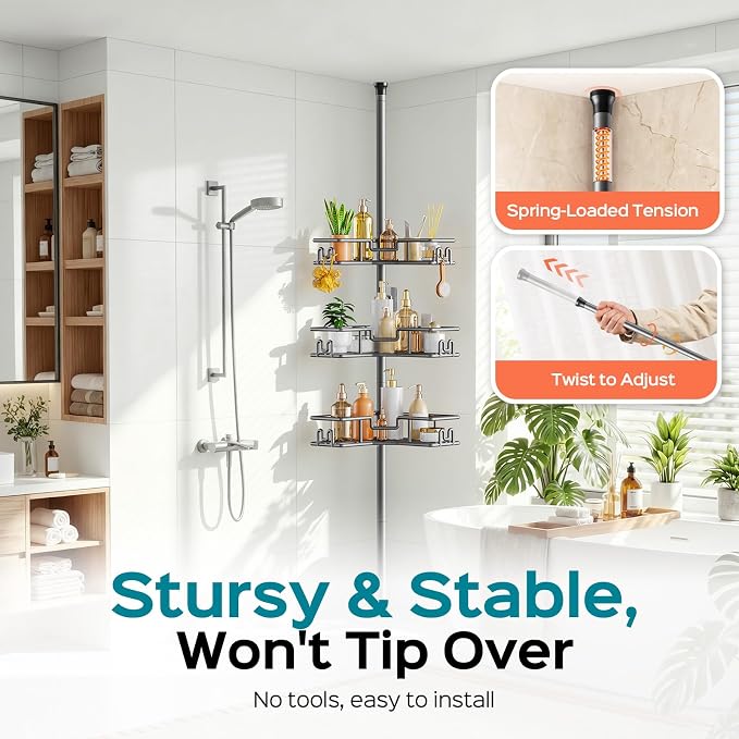 HAMITOR Adjustable 4-Tier Bathroom Storage: Corner Rustproof Shower Caddy Tension Pole - Floor-to-Ceiling Space-Saving Organizer - No Drill Tension Mounted Home Accessory Rack for Renters 47-123 Inch