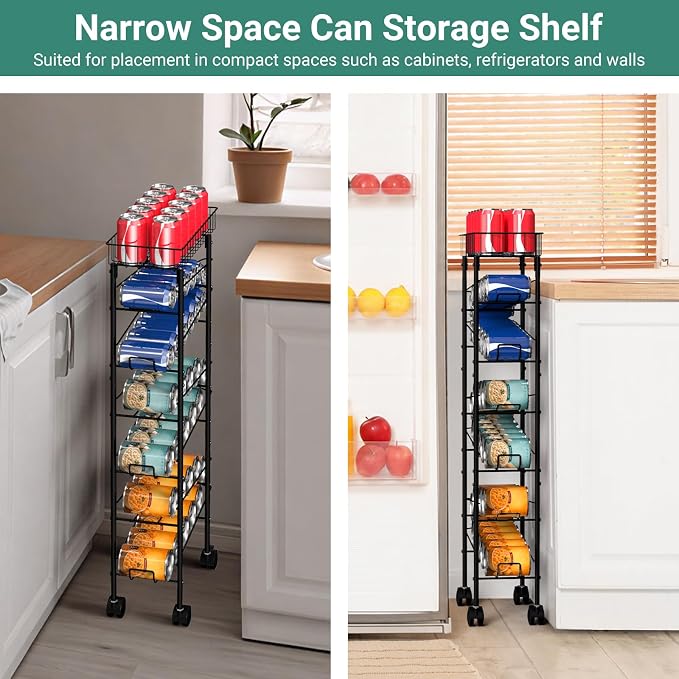 MOOACE Slim Soda Can Storage Cart with Wheels, Canned Food Organizer, Black | Rolling Cans Dispenser Rack, Top Basket, For Kitchen Pantry, Narrow Space