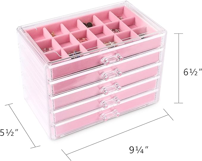 Frebeauty Acrylic Jewelry Organizer Earring Organizer Box with 5 Drawers Earring Holder Organizer with Velvet Trays Clear Jewelry Box for Women Earring Display for Rings StudsPink | 61 Jewelry Storage Grid for Rings Studs Bracelet,Velvet Lining,Transpa...