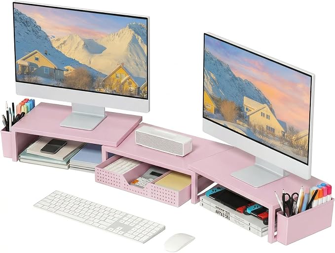 OPNICE Desk Organizers and Accessories, Dual Monitor Stand Riser with Drawer and 2 Pen Holders, Desk Shelf Computer Racks for Office Workspace Organizers, Desktop Organization (Pink)