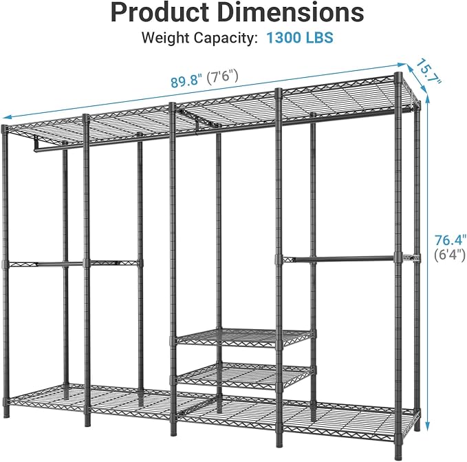 VIPEK V40 Plus Large Clothes Rack, 1300lbs Capacity Sturdy Metal Garment Rack, Clothing Rack with 6 Shelves & 4 Hang Rods, Adjustable Open Wardrobe Closet Organizer for Bedroom/Apartment/Retail, Black
