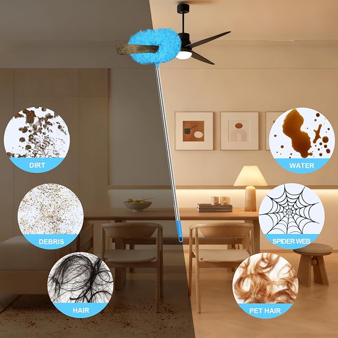 Eunice 13-50 Inches Ceiling Fan Duster with Extension Pole | Extendable Microfiber Cleaning Brush for High Ceiling, Blades, Cobwebs, Adjustable Dusting Tool for Home,Window,Door(Blue)