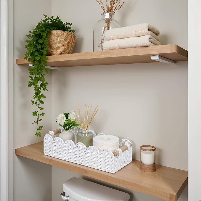 CubesLand Bathroom Basket Organizer, Toilet Tank Paper Storage Baskets 2PK | Scalloped Decorative Basket for Countertop w/Handle, Wicker Basket for Bathroom Decor, Home Decor, Living Room, White