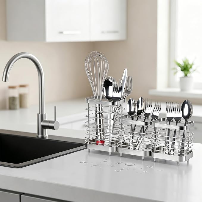Utensil Holder, Stainless Steel Utensil Drying Rack for Kitchen Counter, Silverware Cutlery Flatware Holder Forks, Knives, Spoons, Chopsticks Organizer (1 Large + 2 Small)
