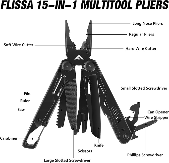 FLISSA 15-in-1 Multitool Pliers with Sheath Safety Lock EDC | Stainless Steel with Self-Locking System, Knife, Saw and Screwdrivers. Belt Clip Nylon Carry Case for Outdoor Survival.