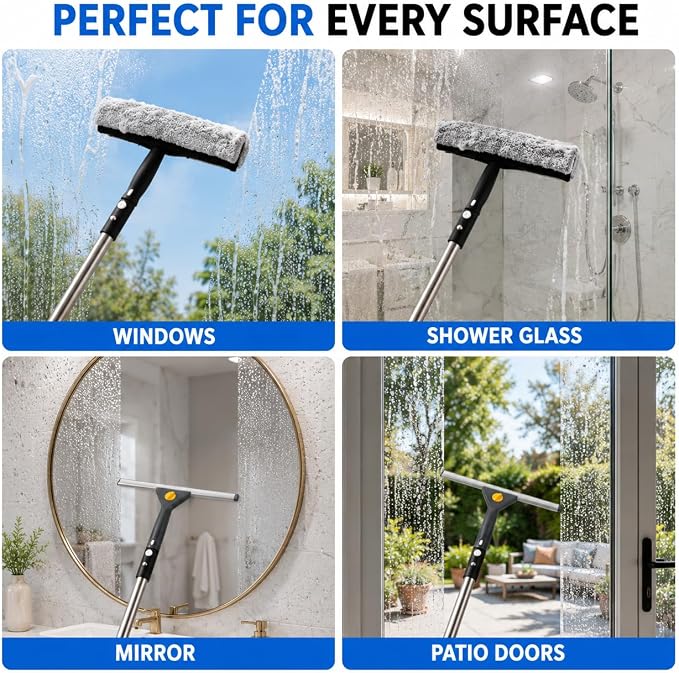 Window Washing Kit with Extension Pole(19–94.5"), Window Squeegee with Extension Pole, High Reach Window Cleaning Kit, 3 Gallon Bucket, Streak-Free Outdoor Window Cleaner, Extra Refills