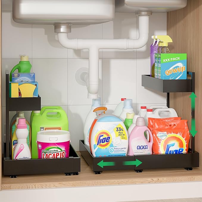 REALINN Under Sink Organizer, L-Shaped Pull Out Cabinet Rack for Kitchen | Expandable Width, 6-Level Height, Built For Bathrooms And Laundry Rooms, Quiet Sliding Rails, Duty Alloy Steel Frame,2 Pack