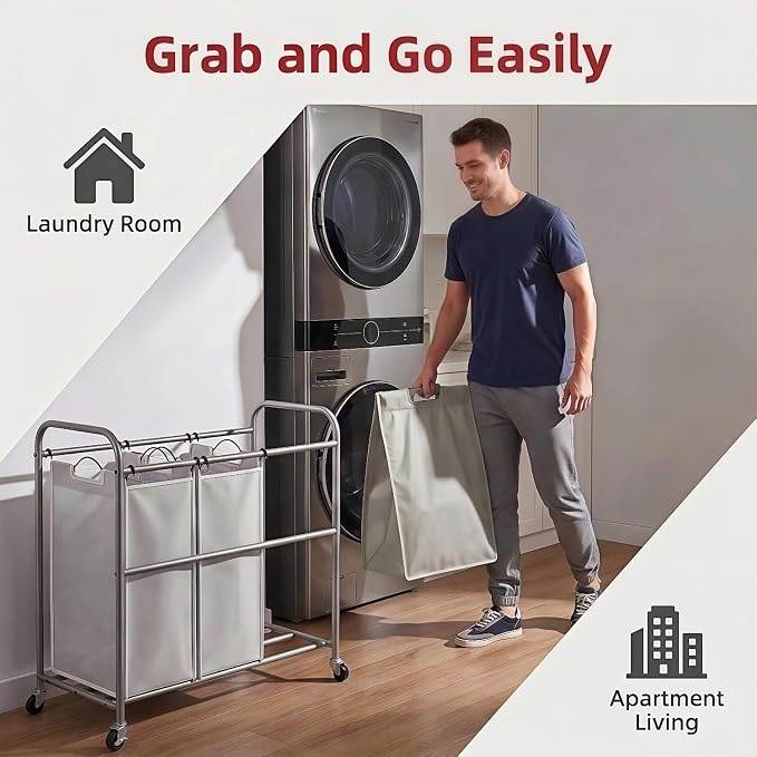 ROMOON Laundry Sorter Hamper 3 Section, Divided Laundry Basket Organizer | Rolling Clothes Hamper with Heavy Duty Lockable Wheels and Removable Bags for Apartment, Dorm & Family, 135L, Neutral Gray