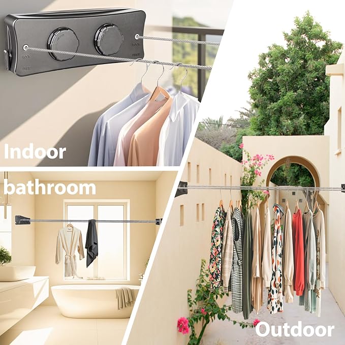 Grey 16.7 Ft Retractable Clothesline Indoor & Outdoor | Clothes Line Outdoors Sag-Proof With Adjustable Tension & 2 Installation Ways, Laundry Rope for Pool Towels, Winter Coats