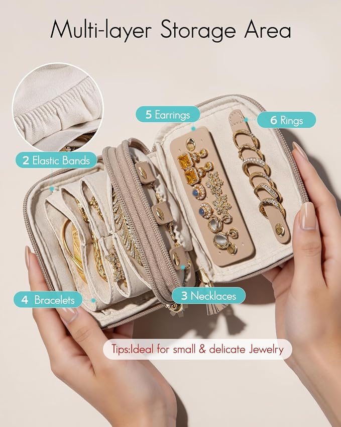 VLANDO 2-Layer Travel Jewelry Case for Necklaces,Rings,Earrings | Storage with Velvet Lining,Keeps Small Jewelry Separated for Travel,Carry-On Totes,Daily Use,Toffee