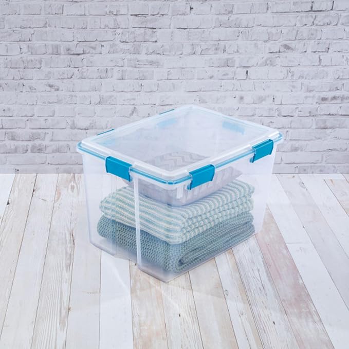Sterilite Gasket Storage Box with Lids for Home & Office, 80 Quart, 12-Pack | Heavy-Duty, Stackable, and Organizing Containers for Bathroom, Cabinet, Closet, and Garage, Clear and Blue Aquarium Latches