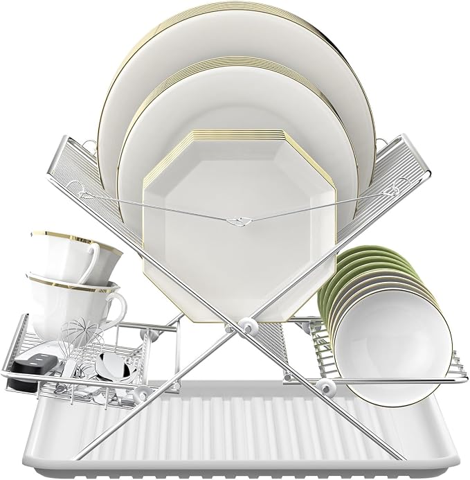 Stainless Steel Foldable Dish Drying Rack, 3 Tier Large Capacity Collapsible Folding Dish Drainer with Drainboard for Kitchen Counter (Upgraded)