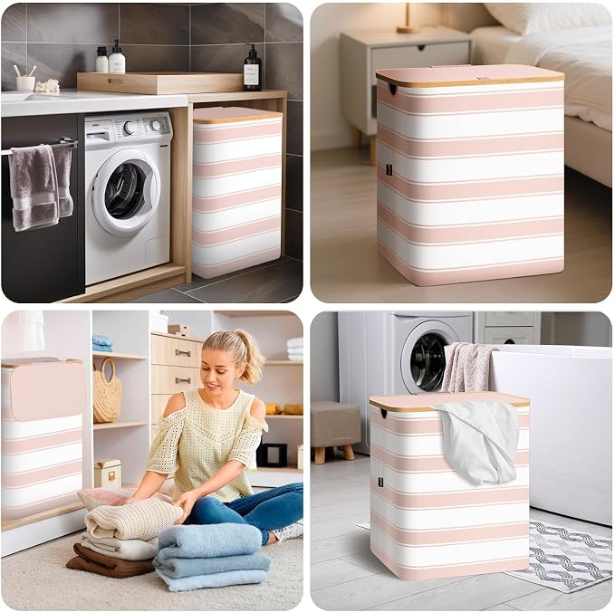 BALEINE Laundry Hamper with Lid, Tall Laundry Baskets with Bamboo Pull Handles, Large Laundry Bin with Internal Support (18 Gal/70L, Pink Pinstripe)