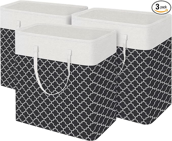 BlissTotes 3-Pack Laundry Basket, Collapsible Laundry Hamper, Black, 100L | Laundry Clothes Hamper, Hampers for Bedroom, Freestanding Hamper with Handles, Clothes Laundry Basket