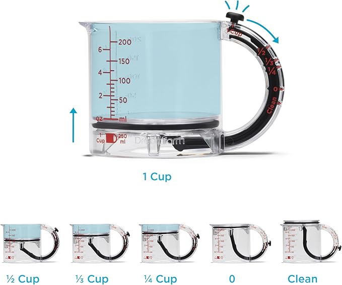 Dreamfarm Upcup All-in-1 Adjustable Measuring Cup, Metric & Imperial Measurements up to 1 Cup - Black/Clear | Measures dry and liquid ingredients and scrapes itself clean, easy-to-read metric and imperial measurements, microwave safe