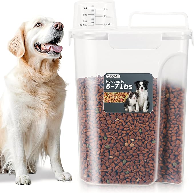 Dog Cat Food Storage Container, Pet Food Pourable Container Airtight with Large Spout & Cup, BPA-Free Plastic Food Dispenser for Pet Food, Bird Seed, Rice, Flour (White, 5L)