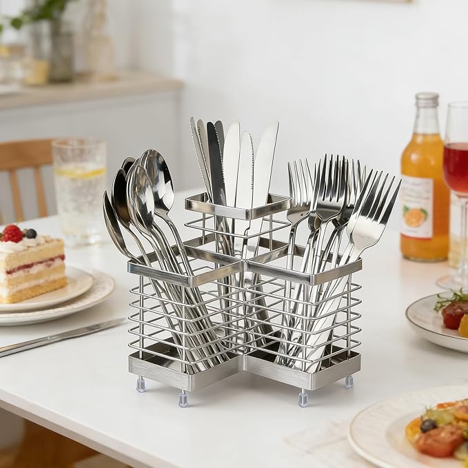 Utensil Holder, Stainless Steel Corner Utensil Holder for Kitchen Counter, 3 Compartments Utensil Crock Organizer for Spatulas, Silverware, Forks, Knives, Spoons & Cooking Tools