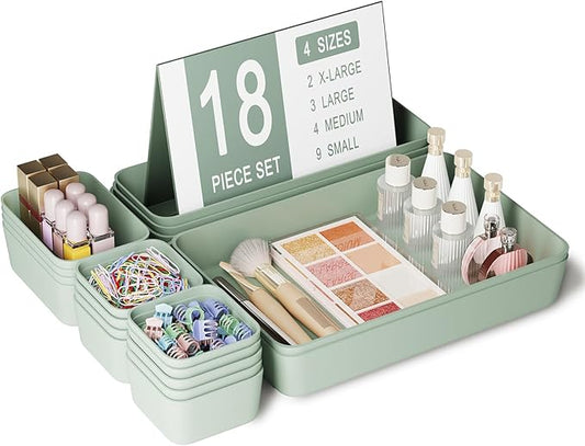 Drawer Organizers Bins 18 PCS for Bathroom Makeup Desk Office | with Non-slip Pads, 4 Sizes, Plastic Tray, Vanity Organizer, Kitchen Utensils Organizer