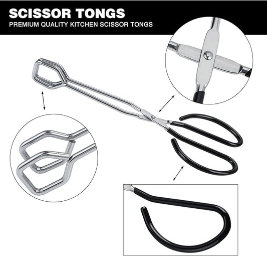 MSY BIGSUNNY Stainless Steel Scissor Tongs Heavy Duty Cooking Tongs with Soft Handles (1, black 10")