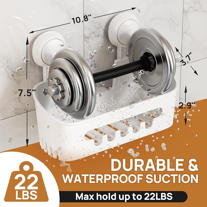 LEVERLOC Shower Caddy Suction Cup, Shower Organizer Removable Bathroom Shelf, Storage Suction Powerful Max Hold 22lbs Bathroom Caddy Waterproof Holder, White