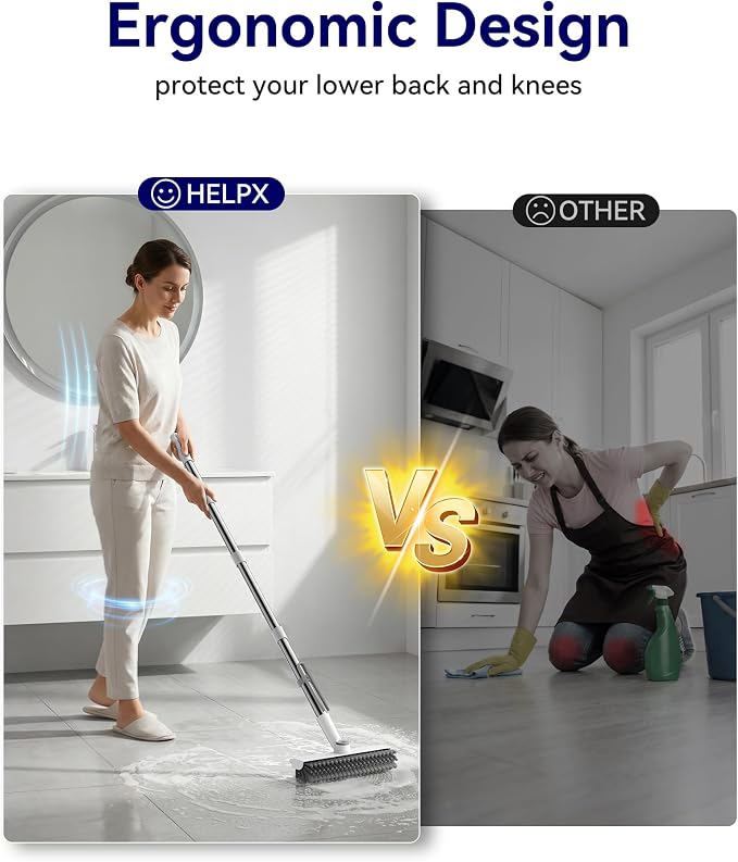 Small Floor Scrub Brush with Length Adjustable Long Handle, 3 in 1 Heavy-Duty Stiff Bristle Scrubber Brush with Squeegee and Tweezer Push Broom for Cleaning Bathroom, Patio, Garage and Kitchen