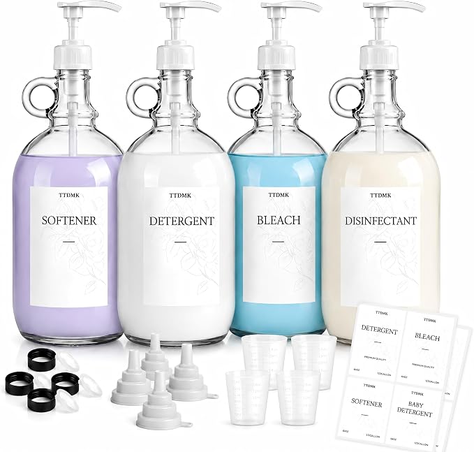 4 Pack Glass Laundry Detergent Dispensers, 64 oz Half Gallon Bottles | Complete Laundry Organization Set with Glass Bottles, Pumps, Labels, Funnels and Measuring Cups.