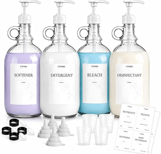 4 Pack Glass Laundry Detergent Dispensers, 64 oz Half Gallon Bottles | Complete Laundry Organization Set with Glass Bottles, Pumps, Labels, Funnels and Measuring Cups.