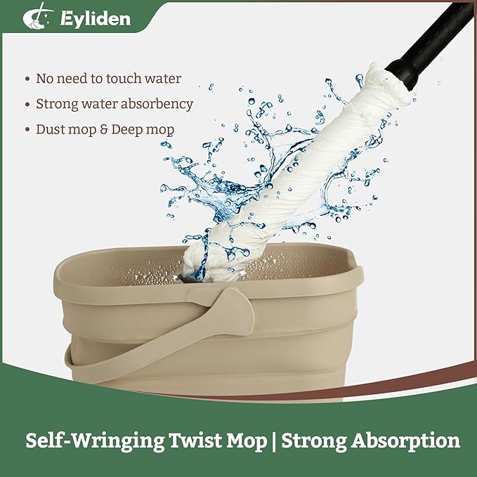 Eyliden Twist Mop - Simple, 57" Long Handle, Self-Wringing Microfiber String Mop for Floor Cleaning, Traps Dust & Pet Hair, Absorbs Spills Quickly, Safe for All Floor Types, JX-0001, White