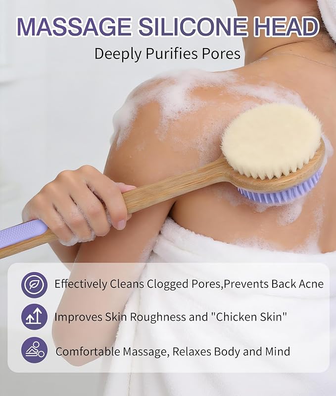 Back Scrubber for Shower - Double-Sided Silicone and Super-Dense Bristles for Deep Cleaning & Exfoliation, Bamboo Long Handle with Wider Anti-Slip Grip, Rich Foam, Durable (Purple)