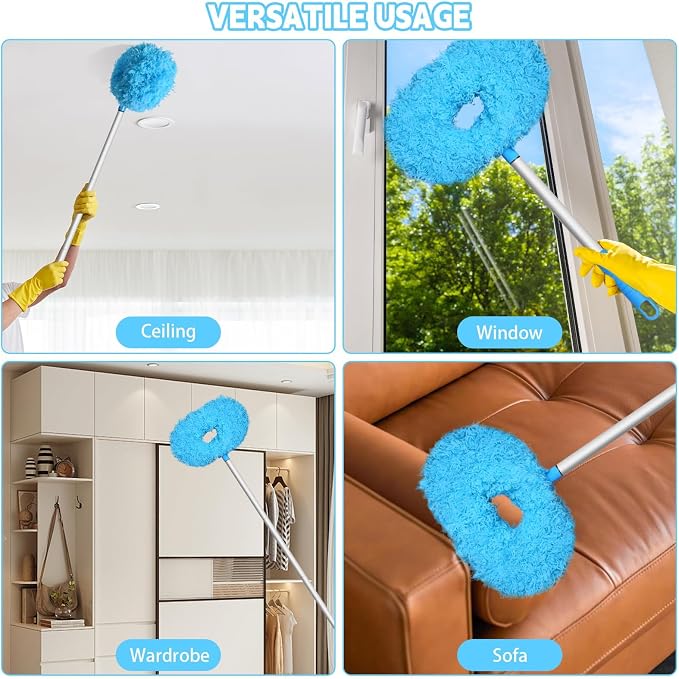 Eunice 13-50 Inches Ceiling Fan Duster with Extension Pole | Extendable Microfiber Cleaning Brush for High Ceiling, Blades, Cobwebs, Adjustable Dusting Tool for Window,Door(2Pcs Blue)