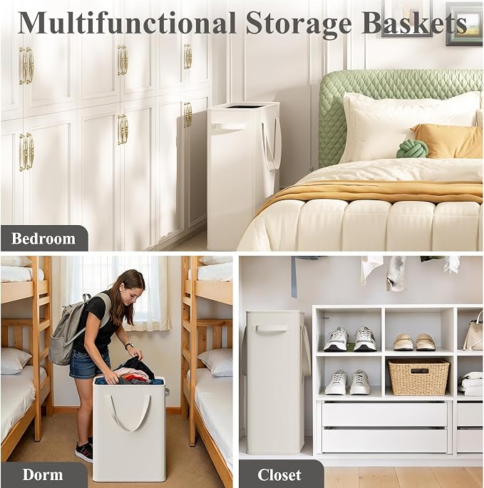 Optish 50L Slim Laundry Hamper, Baby Hamper for Nursery with Handles, Narrow Laundry Basket for Dorm, Bedroom, Living Room, Collapsible Laundry Basket, White