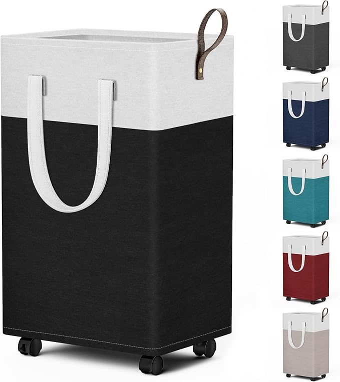 HomeHacks 75L Rolling Laundry Basket with 4 Wheels Collapsible Black | 4 Wheels, Waterproof PEVA Lining, Cotton Flax Fabric, Metal Frame, Bathroom Laundry Room Dorm Storage, Space-Saving Design