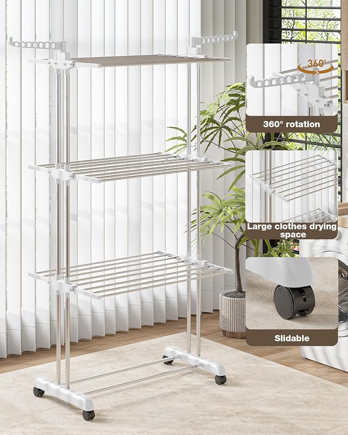 Bigzzia Clothes Drying Rack Folding with Wheels Drying Rack Clothing Clothes Horses Rack Stainless Steel Laundry Drying Rack with Two Side Wings 4 Tier Grey White
