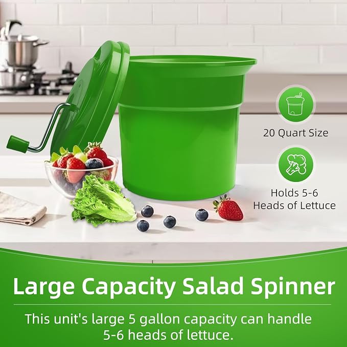 5 Gallon Commercial Salad Spinner and Dryer | Large Manual Vegetable Washer & Greens Dryer with Drain Tube, Heavy-Duty & FDA Listed for Restaurant, Home, Farm Use
