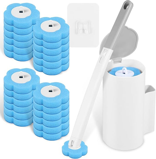 Disposable Toilet Bowl Cleaner Wand System, Wall Mounted Toilet Brush with 360° Sponge Refill Heads, Hygienic Deep Cleaning Bathroom Scrubber, Space Saving Adhesive Caddy