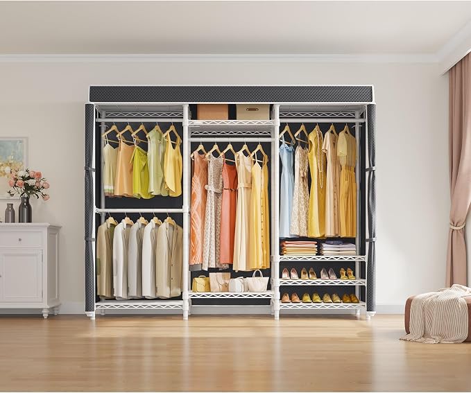 VIPEK V5C Bedroom Armoires Portable Closet Clothing Rack, White Metal with Black Cover, Adjustable Custom Freestanding Wardrobe Heavy Duty Covered, Max Load 890LBS