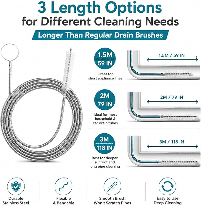 2 Pack 80 Inch Extra Long Flexible Pipe Cleaner Brush, Drain Cleaner Tool for Fridge, Sink Hose, Aquarium Tube, Car Sunroof Drain Cleaning Brush.