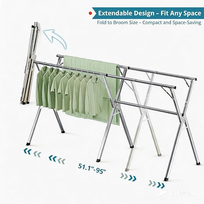 Foldable Clothes Drying Rack, Stainless Steel Laundry Drying Rack | Adjustable 56.3"-95", 20 windproof hooks, heavy-duty rustproof, folds compactly, indoor/outdoor use
