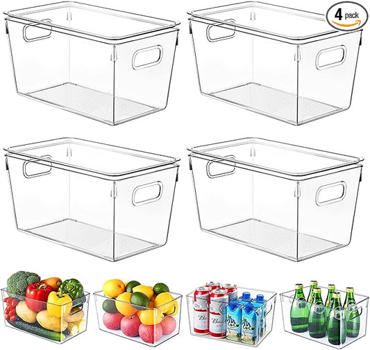 4 Pack Plastic Storage Bins with Lids, Clear Stackable Organizer with Handle, Kitchen Pantry Organizers and Storage, Perfect for Pantry, Refrigerator, Fridge, Bathroom, Cabinet, Closet, Kitchen