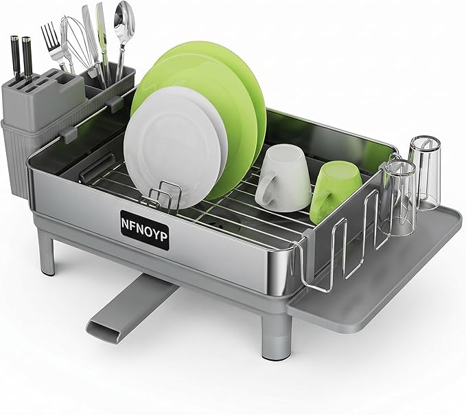 Dish Drying Rack, 304 Stainless Steel Dish Rack and Drainboard Set, Rustproof Dish Drainer with Anti-Pooling Automatic Drainage, Large Capacity Kitchen Counter Organizer, Grey