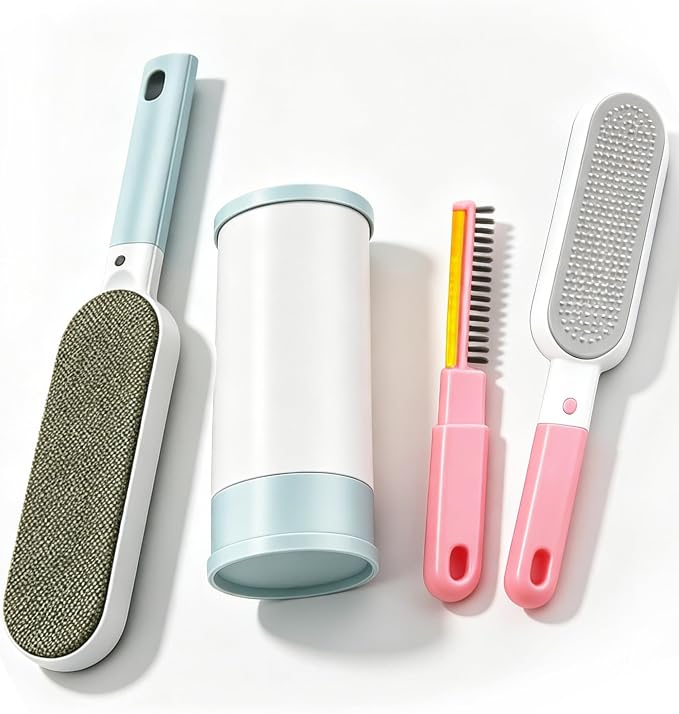 2PCS Lint Brushes for Clothes, Cat Dog Hair Remover for Lundary, Self-Cleaning Lint Remover for Bed Sofa Coat, Best Hair Cleaning Brushes Better Than Lint Roller (Large Blue and Mini Pink)